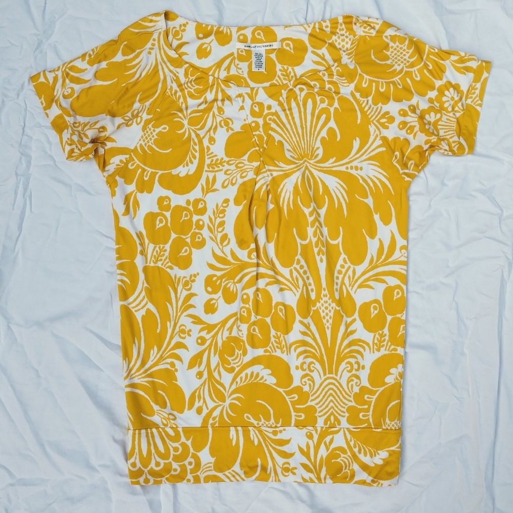 DVF silk tunic top yellow white floral Petite
